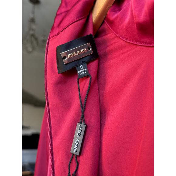 Alexia Admor Dress Sz 8 Red Satin Maxi Faux Wrap Belted High Neck Long Sleeve - Picture 5 of 13